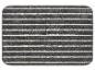 Tapis de bain rectangulaire gris à rayures horizontales blanches.