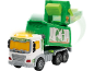 Camion poubelle jouet vert et blanc avec lumières et symbole de recyclage.