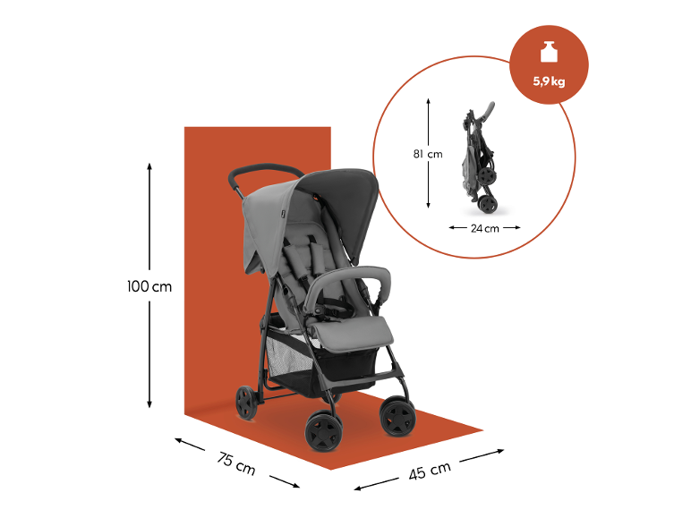 Poussette grise avec dimensions : 100 cm (H), 75 cm (L), 45 cm (l), et pliée : 81 cm (H), 24 cm (l), pesant 5,9 kg.