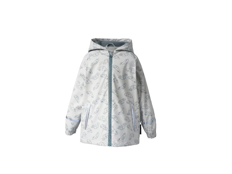 Imperméable blanc pour enfant avec imprimé voitures bleues et fermeture éclair.