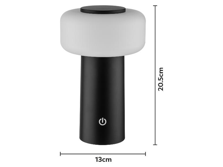 Lampe de table noire avec abat-jour blanc, mesurant 20,5 cm de hauteur et 13 cm de largeur.