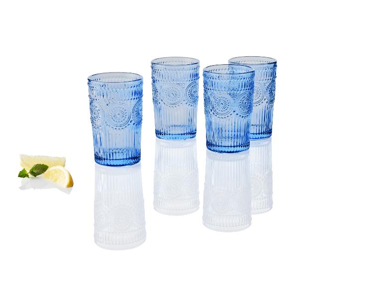 Ensemble de quatre verres à eau bleus, décorés, style vintage.