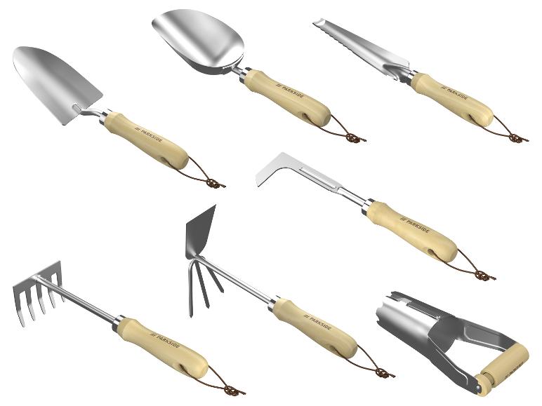 Ensemble d'outils de jardin Parkside : truelles, houe, râteau et plantoir à bulbes.