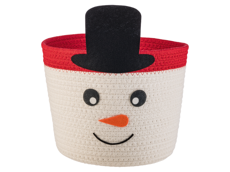 Panier de rangement tressé bonhomme de neige avec chapeau haut de forme noir et bord rouge