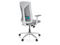 Un fauteuil de bureau gris avec des roulettes et un dossier en maille.