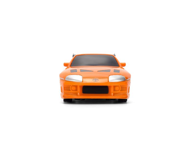 Voiture jouet orange, une Toyota Supra, vue de face sur fond blanc.