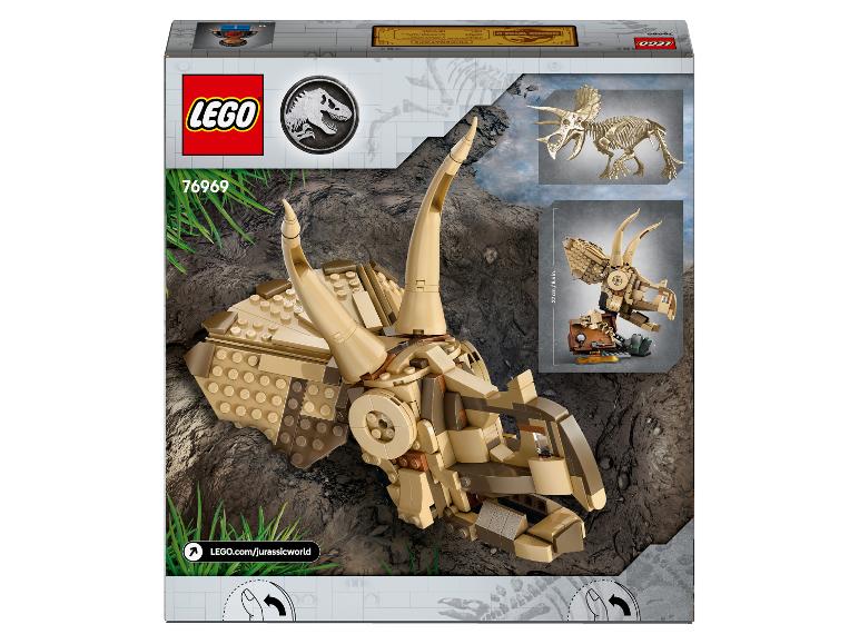 Boîte LEGO Jurassic World avec un crâne de Triceratops construit en briques et un squelette de dinosaure.