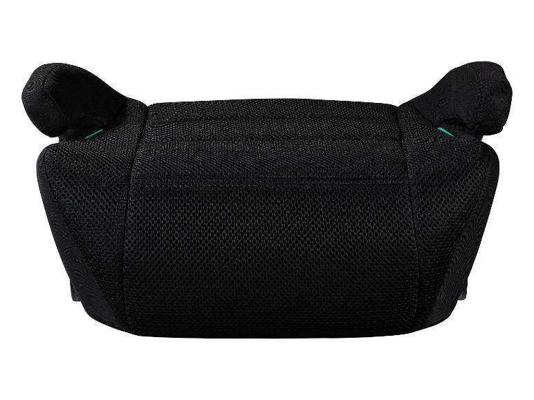 Siège auto enfant noir avec détails turquoise.