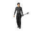 Homme en pantalon de ski noir, maillot thermique, bonnet, lunettes et snowboard.