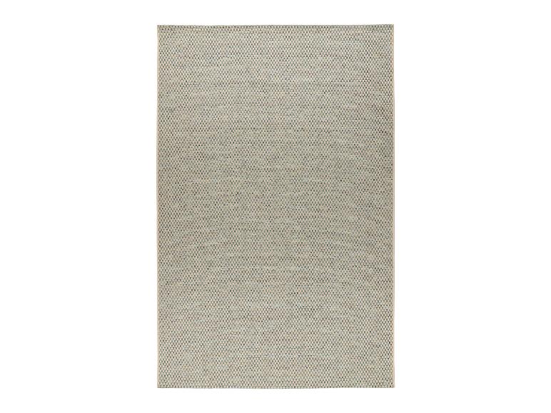 Tapis rectangulaire tissé plat avec un motif à carreaux subtil en beige et bleu.