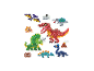 Figurines de dinosaures colorées en perles et accessoires, dont un volcan et un os.
