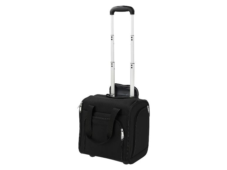 Bagage à main noir à roulettes avec poignée télescopique étendue.