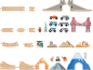 Ensemble de jouets en bois avec rails de train, véhicules et monuments mondiaux.