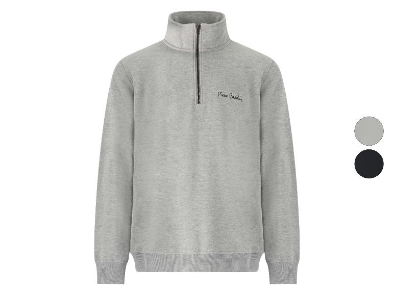 Sweat-shirt gris chiné à col montant zippé avec logo brodé, présenté avec des options de couleur.