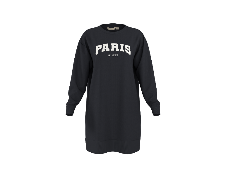 Robe longue à manches longues bleu foncé avec texte blanc 'PARIS AIMÉE'.
