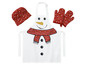 Tablier de cuisine, mitaines de four et toque de cuisinier sur le thème de Noël avec un motif de bonhomme de neige.