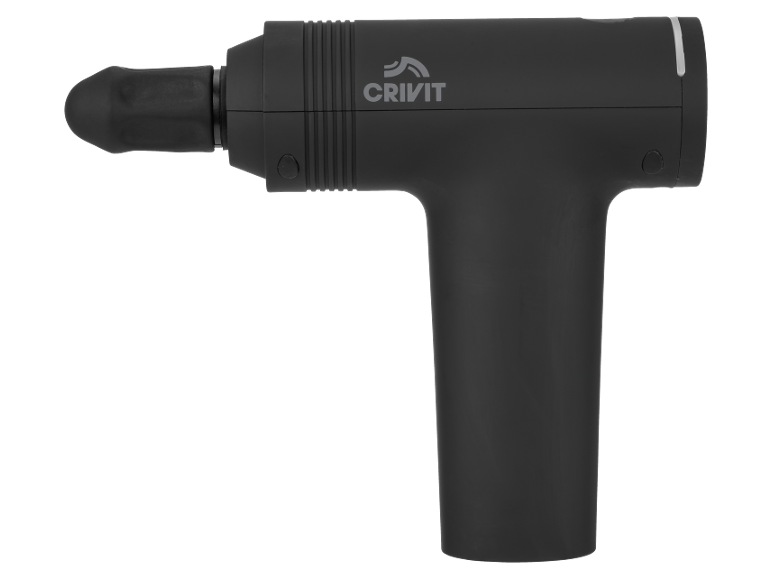 Pistolet de massage noir avec logo et détails blancs.