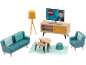Ensemble de meubles de salon pour poupées : canapé, fauteuil, tables, lampe, meuble TV avec télévision.