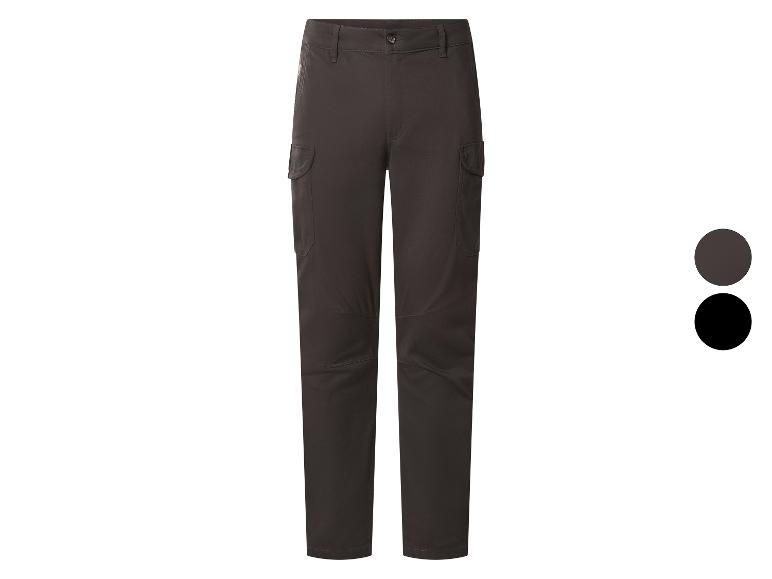 Pantalon cargo gris foncé avec poches et échantillons de couleur noir et gris.