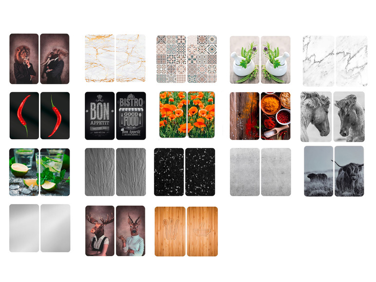 Dosserets de cuisine avec des motifs de marbre, de bois, d'animaux et de nourriture.