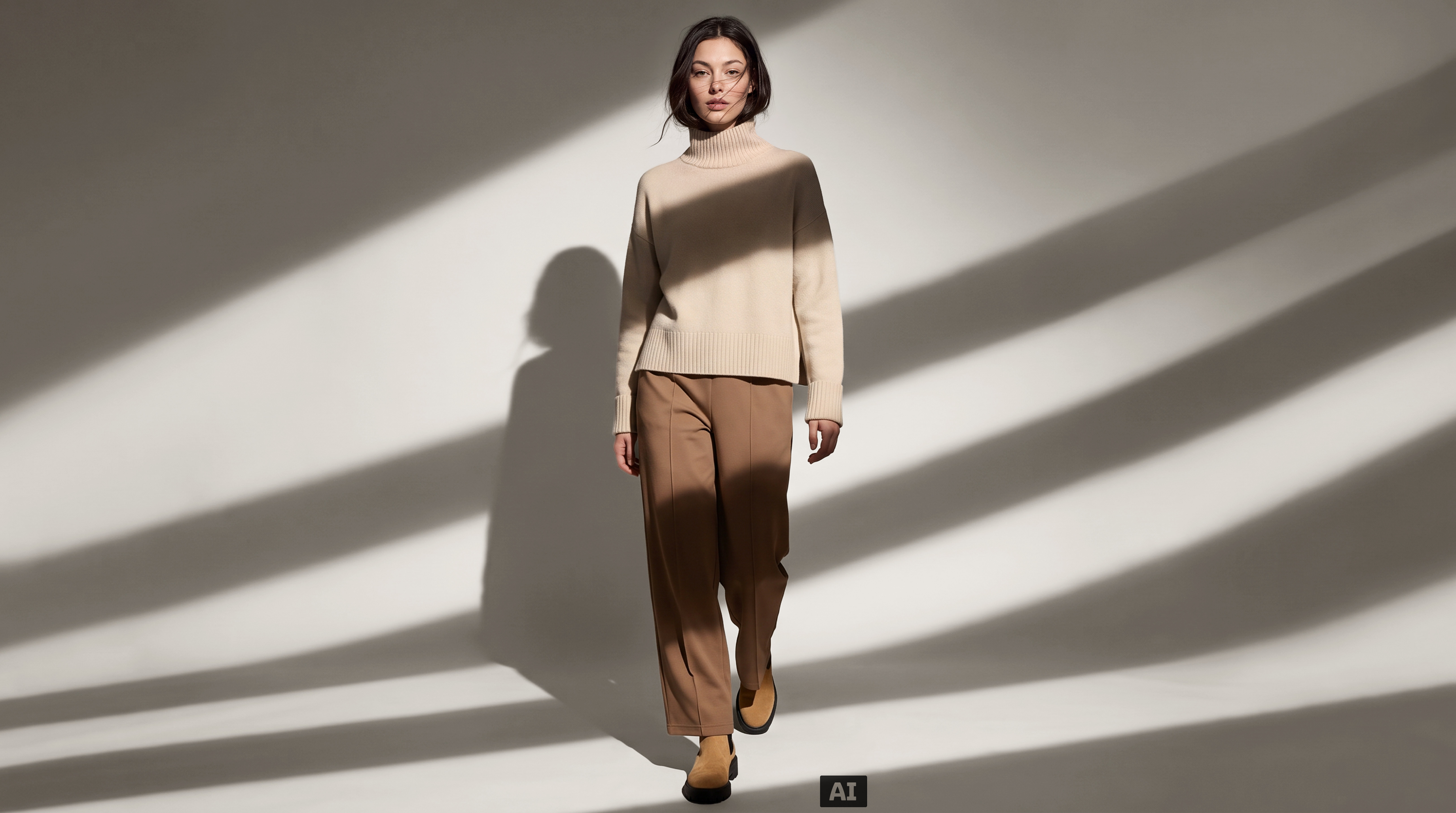 Cette image a été générée par une IA : un modèle féminin porte la bottine de couleur camel.