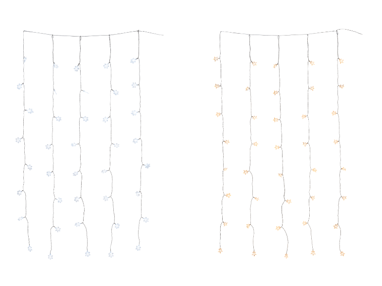 Deux guirlandes lumineuses: une avec des flocons de neige blancs, l'autre avec des étoiles jaunes.
