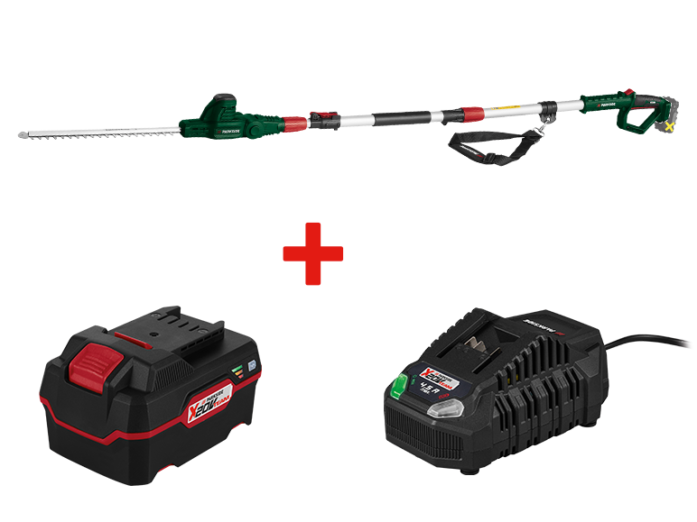 Taille-haie sur perche PARKSIDE avec batterie et chargeur.
