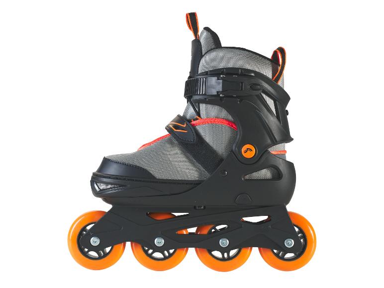 Rollers en ligne noirs et gris avec roues et détails orange.