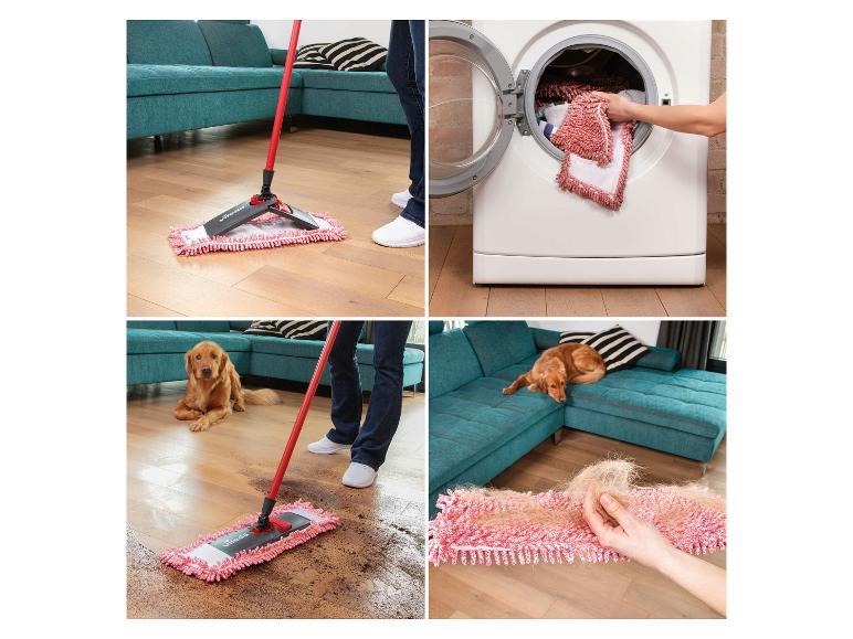 Une serpillière Vileda nettoyant le sol, avec un chien et une machine à laver.