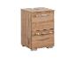 Meuble de salle de bain en bois clair avec deux tiroirs et poignées chromées.