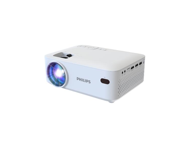 Projecteur vidéo compact blanc avec ports de connexion et objectif éclairé.