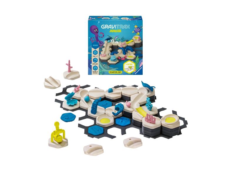 Kit de démarrage GraviTrax Junior Ocean avec pièces de piste et accessoires sur le thème marin.