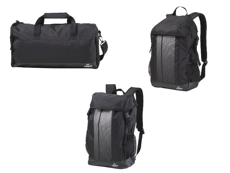 Sac de sport noir CRIVIT et deux sacs à dos à motif pois.