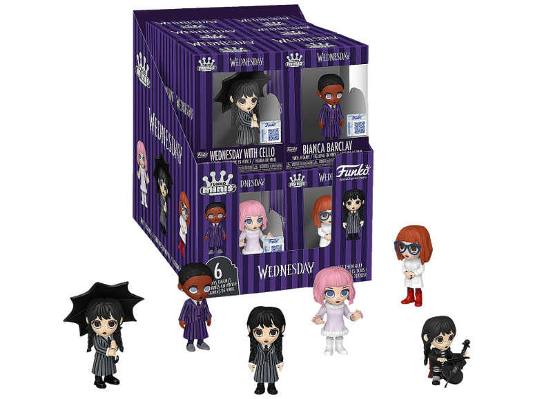 Figurines de collection sur le thème de Mercredi, dont Mercredi avec violoncelle et Bianca Barclay.