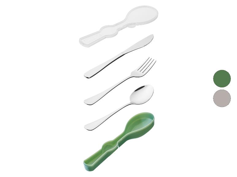 Ensemble de couverts avec un étui en plastique transparent et un étui en plastique vert.