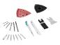 Assortiment d'accessoires pour outils électriques, comprenant des lames de scie, des forets et du papier de verre.