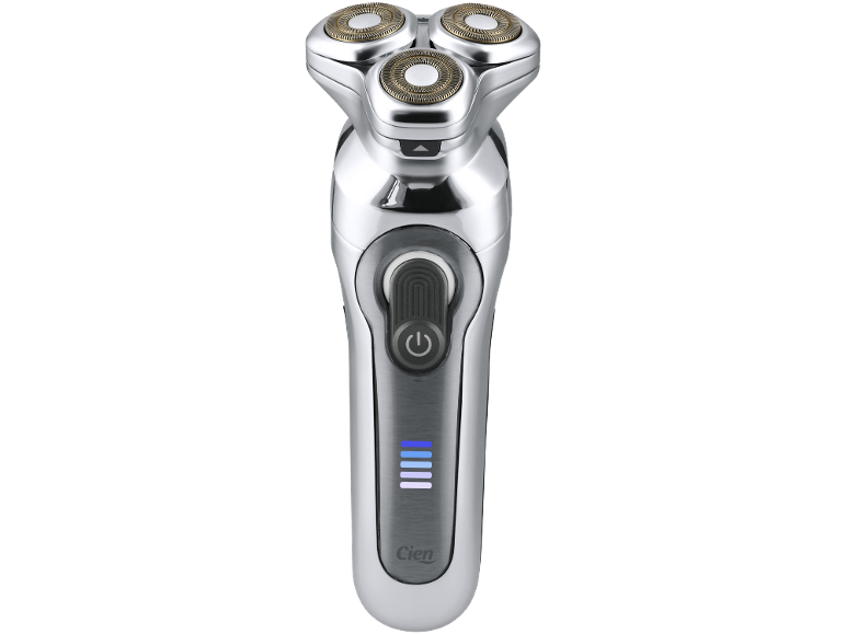 Rasoir électrique rechargeable avec trois têtes rotatives et indicateur de charge.