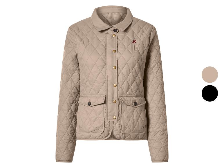 Veste matelassée beige avec boutons dorés et petit logo brodé, disponible en noir.