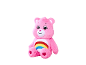 Ours en peluche rose avec un arc-en-ciel sur le ventre.
