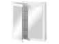 Armoire de salle de bain blanche avec portes miroir et étagères en verre.