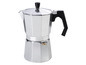 Une cafetière en aluminium avec une poignée noire.