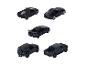Cinq voitures jouets noires, dont une Lamborghini, Toyota Supra, Bugatti, Land Rover et Hummer.