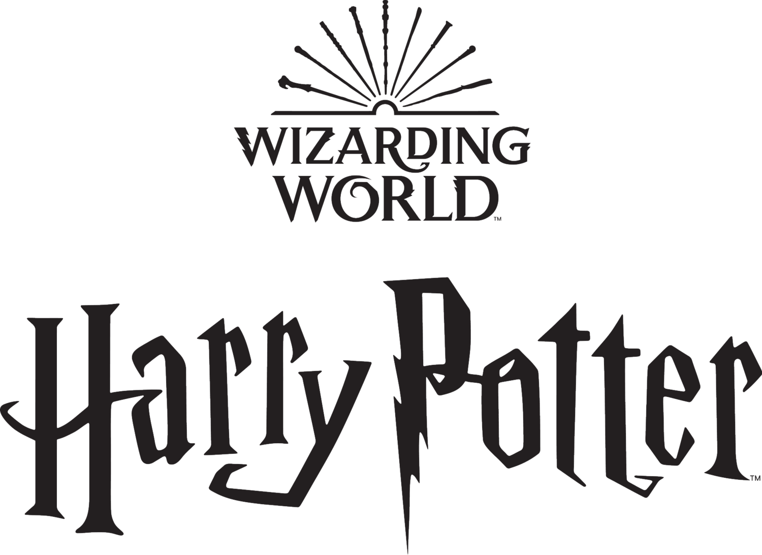 Texte « WIZARDING WORLD » et « Harry Potter » avec des baguettes magiques.