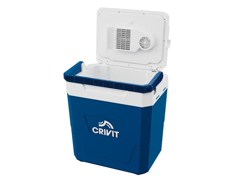 Glacière électrique Crivit bleue avec couvercle ouvert.