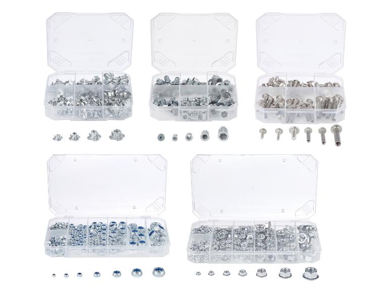 Ensembles assortis d'écrous et de vis dans des boîtes de rangement transparentes.