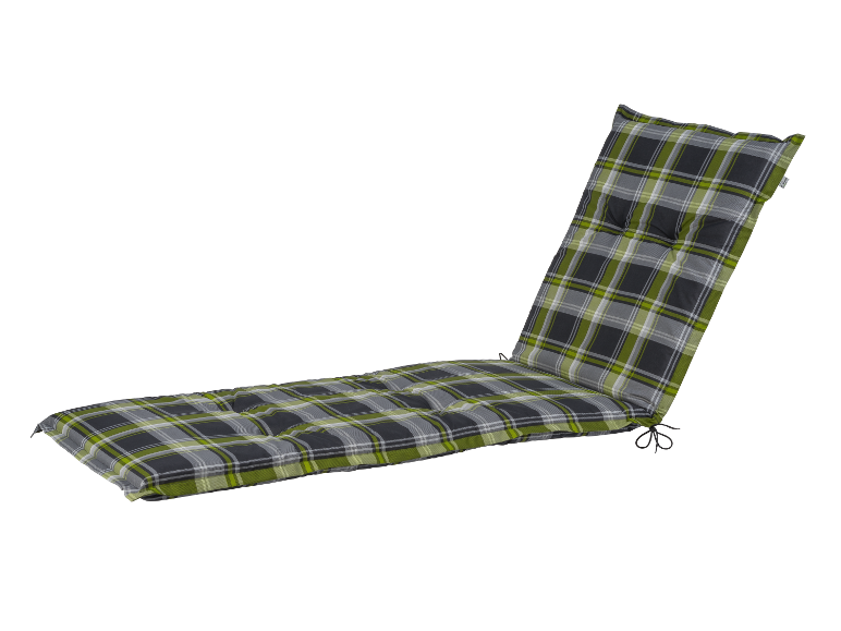 Coussin de chaise longue à carreaux vert et gris.