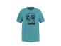 T-shirt turquoise avec imprimé palmiers et le texte « TROPICAL DREAMS UNDER PALMS ».