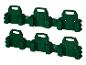 Deux rangées de supports muraux vert foncé pour outils de jardin avec pinces dentelées.