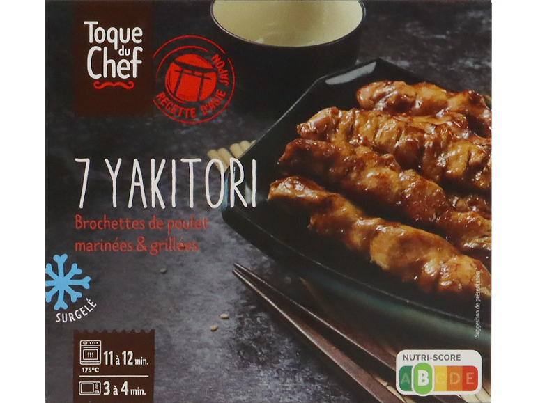 Emballage de 7 brochettes de poulet yakitori surgelées, marinées et grillées, avec instructions de cuisson et Nutri-Score.
