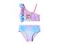 Bikini enfant avec imprimé Elsa de La Reine des Neiges, volants et bretelles, tons lilas et bleus.